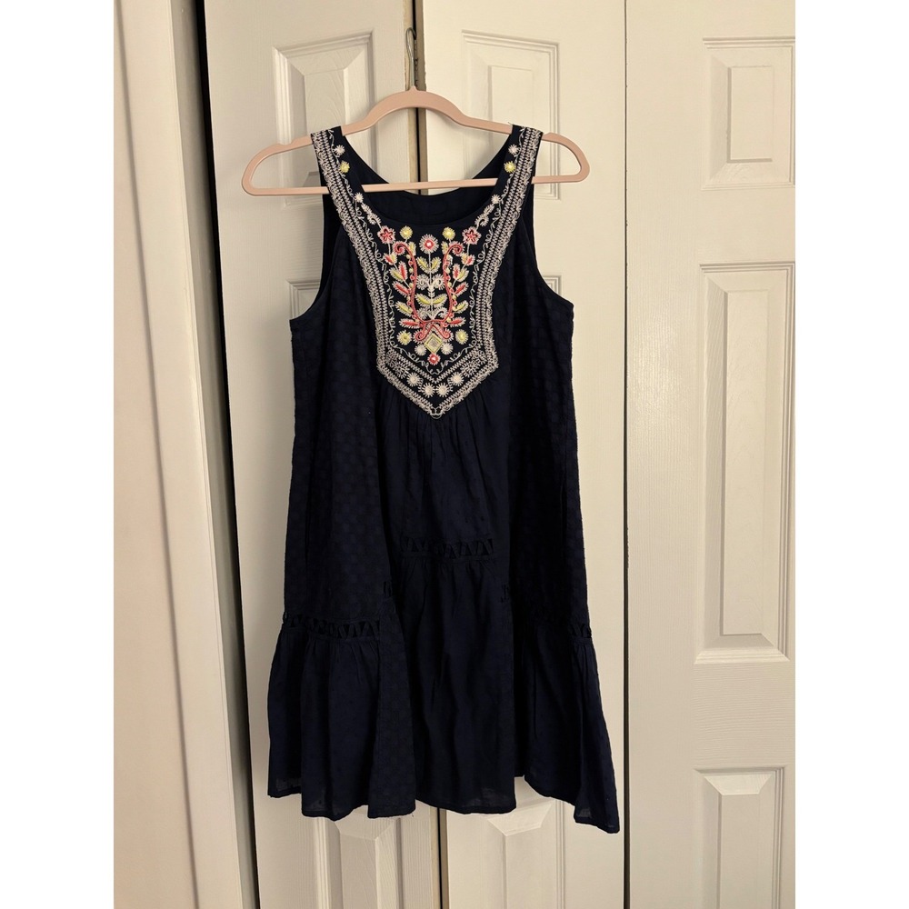 Maeve Anthropologie Navy Embroidered Dress Size 2 Oversized  Boho Tiered Cotton - Picture 5 of 11